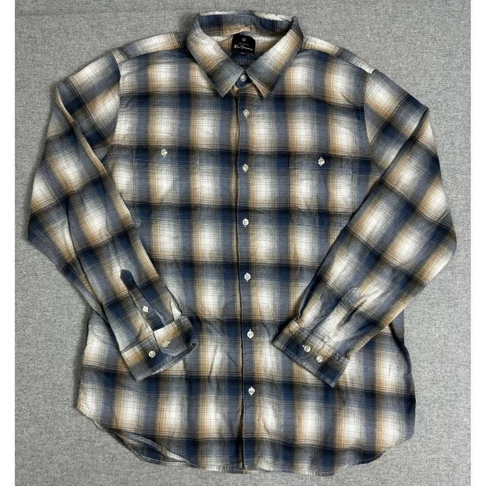 Ben Sherman Mens XXL Blue Tan Plaid Long Sleeve Button Down‎ Flannel Shirt